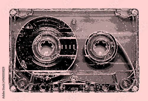 A nostalgic vector concept of analog music in intricate black halftone hatching, with a classic vintage magnetic audio cassette against a soft pastel pink background.