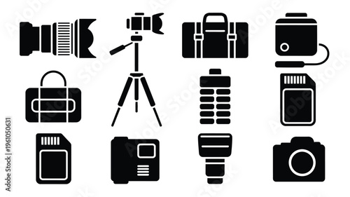 Collection of black vector icons featuring various photography equipment and accessories on white background
