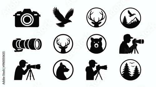 Set of black silhouettes featuring wildlife photography icons with cameras lenses and animals like birds deer bears and trees on white background for graphic design
