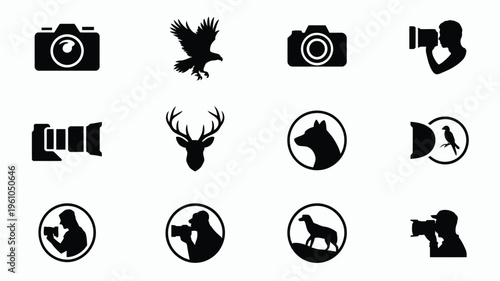 Professional photography logo bundle featuring 12 black icons of cameras wildlife and silhouettes on white background for branding and design