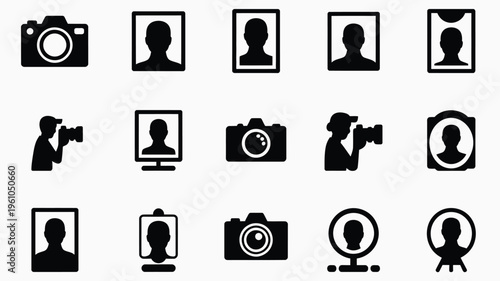 Collection of black silhouette icons featuring cameras people and photography symbols on a white background