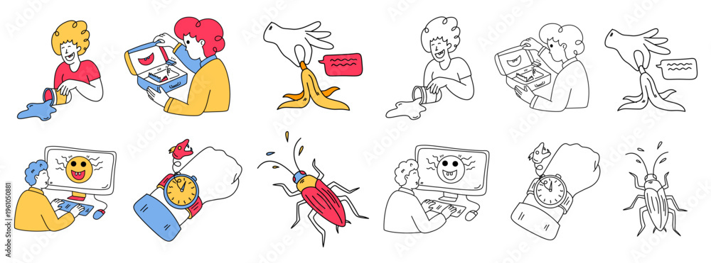 Fototapeta premium funny people playing pranks with banana peel cockroach and computer screen face