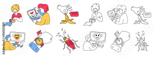 funny people playing pranks with banana peel cockroach and computer screen face