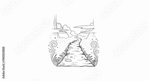 Winding pathway through a misty, dreamlike landscape with swirling decorative elements