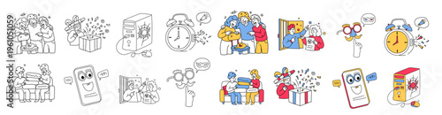 big bundle of april fools day elements with surprise box and clock