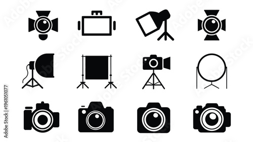Collection of black photography equipment icons including cameras lights and backdrops on white background for design and branding purposes