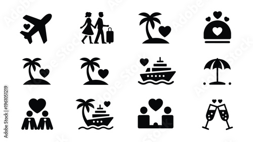 Black vector icons of travel and love with hearts palm trees and vacation symbols on white background