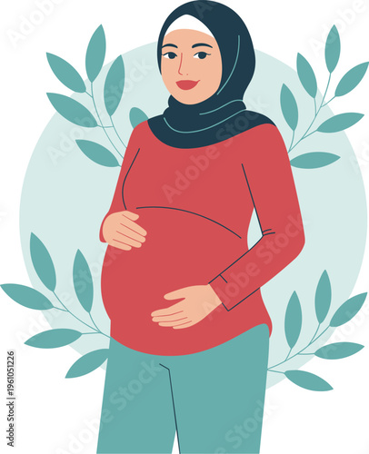 Pregnant woman in hijab with nature background for maternity, pregnancy, and family-themed designs.