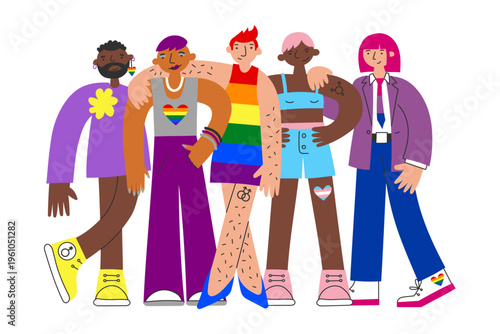 Group of diverse people together with LGBT colors and symbols. Concept of identity, self-expression, individuality, acceptance, equality, inclusion, community, unity, support, solidarity, freedom.