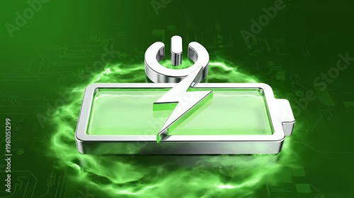 Futuristic power symbol hovering over a vibrant green battery, emitting energy