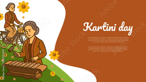 indonesian women wearing traditional kebaya attire playing musical instruments and riding bicycle