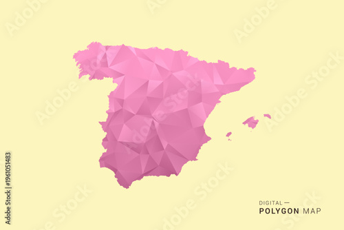Spain Map - Low poly polygon map design in soft pink pastel gradient on beige background, modern minimal geometric style, clean digital vector illustration.