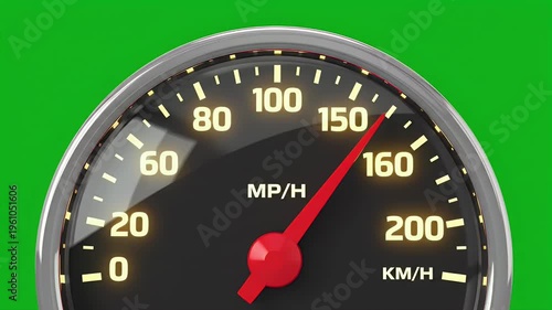 Close-up of a speedometer indicating 100 MPH against a green background