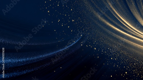 Abstract blue and gold flowing particles create an elegant, dynamic wave effect