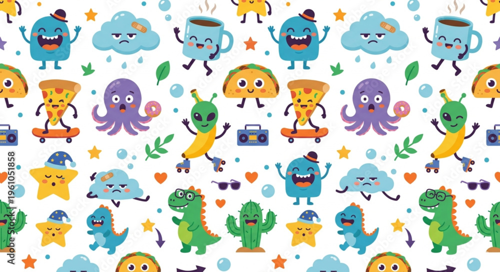 Obraz premium Seamless Pattern of Funny Flat Vector Characters on White Background