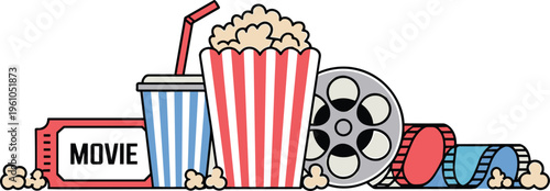 Movie night essentials with popcorn, film reel, drink, and ticket for cinema and entertainment designs.