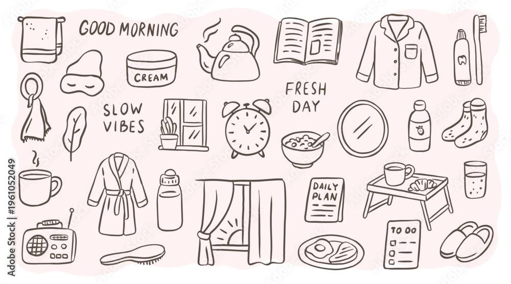 Fototapeta premium Morning routine and slow living doodle icon set. Hand-drawn sketches of coffee, alarm clock, breakfast, pajamas, and self-care items. Hygge lifestyle linear vector illustrations for planners.