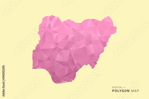 Nigeria Map - Low poly polygon map design in soft pink pastel gradient on beige background, modern minimal geometric style, clean digital vector illustration.
