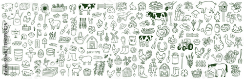 Large farm and gardening doodle icon set. Wide horizontal banner with hand-drawn sketches of animals, crops, barn, tractor, and garden tools. Comprehensive rural life linear vector collection.