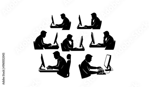 Office worker computer silhouette collection business man working vector set