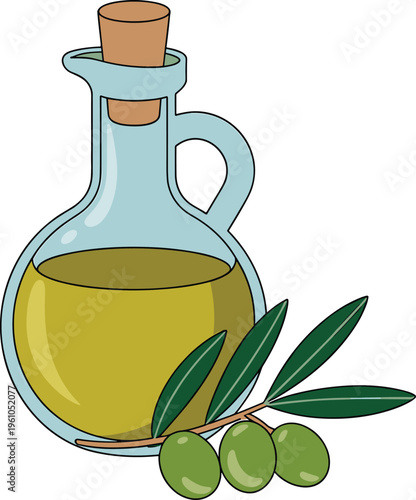 Olive oil bottle with cork stopper and green olives on an olive branch for healthy food and organic designs.