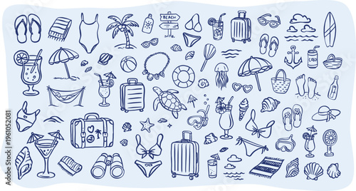 Summer beach and travel doodle icon set. Hand-drawn sketches of suitcases, swimwear, tropical cocktails, palm trees, and seashells. Tropical vacation linear vector illustrations for tourism design.