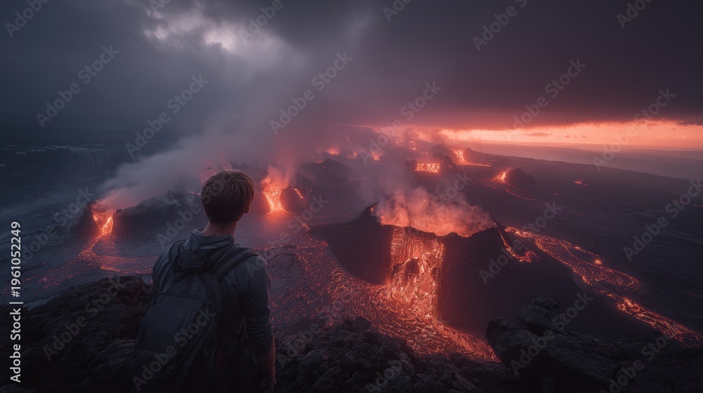 Obraz premium A man wearing a backpack standing atop a rocky outcrop, gazing out over a volcanic landscape illuminated by the setting sun. The sky is painted in hues of orange and pink.