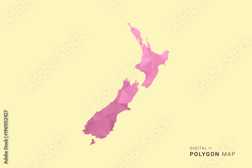 New Zealand Map - Low poly polygon map design in soft pink pastel gradient on beige background, modern minimal geometric style, clean digital vector illustration.