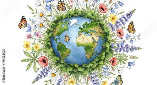The Earth embraced by a vibrant, colorful bouquet of flowers, butterflies, and lush green foliage, symbolizing environmental protection and the beauty of nature