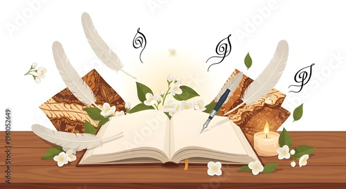 Inspiring Poetic Journey An Open Book, Quill, and Jasmine Blooms Evoke Creative Storytelling