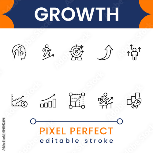 Growth and success icon collection with progress charts, financial increase and business development symbols modern minimal vector design