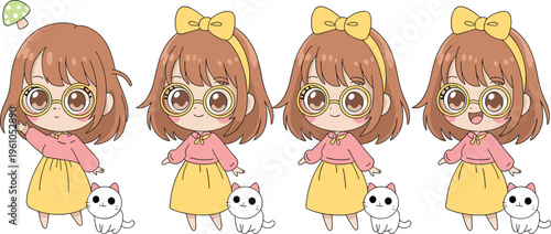 Kawaii girl character with glasses, yellow skirt, and cute cat, in various playful poses with a mushroom accessory.