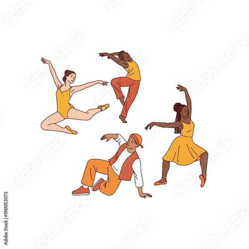 Four diverse dancers performing various styles of dance, showcasing movement and artistic expression.