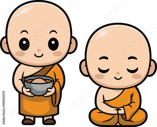 Cute cartoon monk characters in traditional robes with a bowl and praying pose in a kawaii style.
