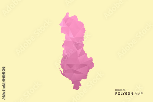 Albania Map - Low poly polygon map design in soft pink pastel gradient on beige background, modern minimal geometric style, clean digital vector illustration.