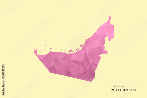 United Arab Emirates Map - Low poly polygon map design in soft pink pastel gradient on beige background, modern minimal geometric style, clean digital vector illustration.