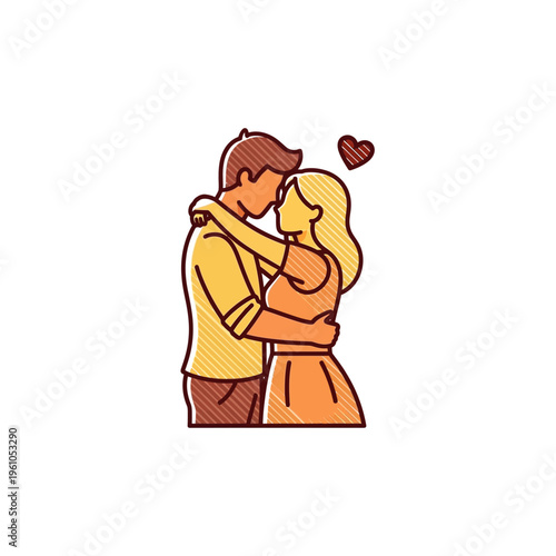A couple embracing with a heart, symbolizing love and affection, in a simple line art illustration.