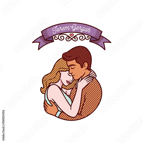 A vintage-style illustration of a loving couple embracing under a purple banner with the text 'Jarem Gergar' and a small heart, symbolizing romance and togetherness.