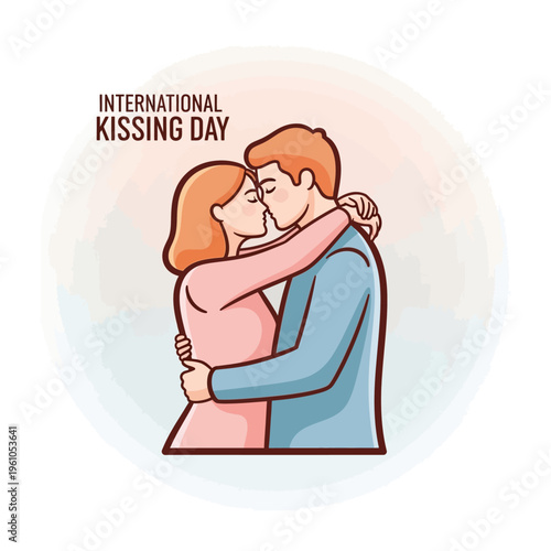 Cartoon illustration of a loving couple sharing a tender kiss and embrace, celebrating International Kissing Day.