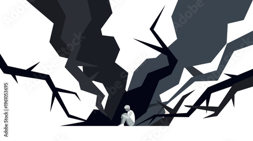 Person standing alone in a broken landscape.