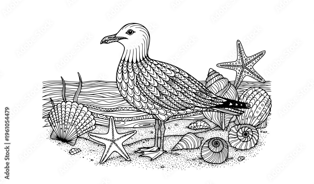 Fototapeta premium Zentangle Seashells Starfish and Seagull Coloring Book Page