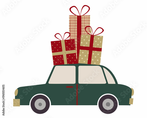 A green car cheerfully transports a stack of festively wrapped gifts