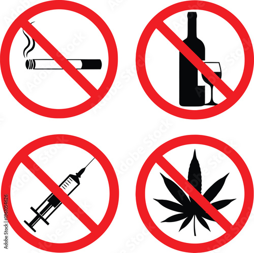 Four distinct prohibition icons detail restrictions against smoking, alcohol, needles, and cannabis.