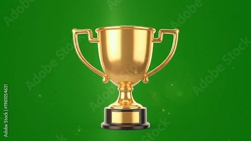 A shimmering golden trophy with a dark base, set against a vibrant green backdrop with scattered particles