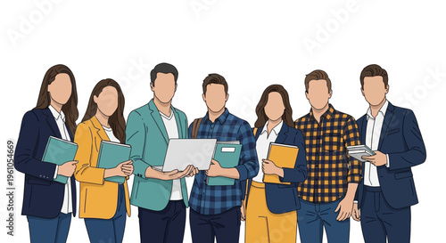 Diverse Group of Young Professionals and Students with Laptops and Notebooks Illustration