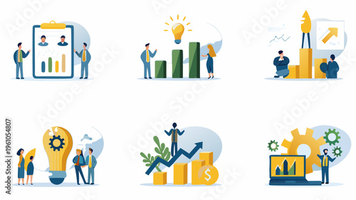 Business solutions and growth concepts illustrated with diverse people and charts