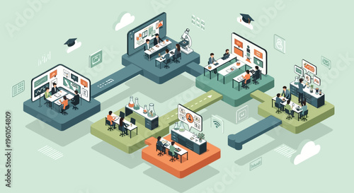 Isometric Illustration of an Integrated Education and Innovation Network with Connected Hubs for Science, Technology, and Team Collaboration