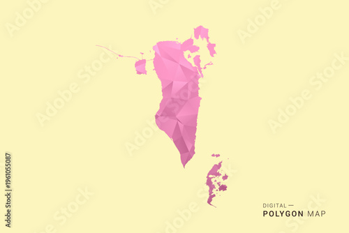 Bahrain Map - Low poly polygon map design in soft pink pastel gradient on beige background, modern minimal geometric style, clean digital vector illustration.