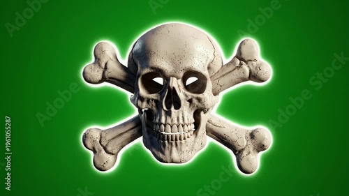 A textured skull and crossbones emblem glows with a neon outline on green