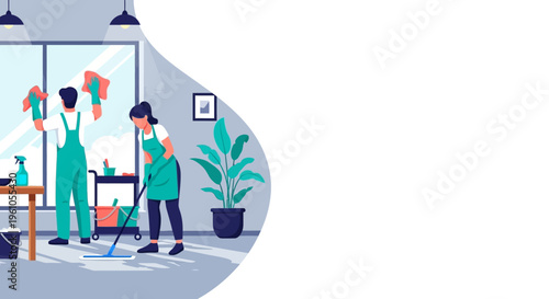 Professional Cleaning Service Team Working in Modern Interior with Copy Space, Flat Vector Illustration of Janitors Cleaning House and Office